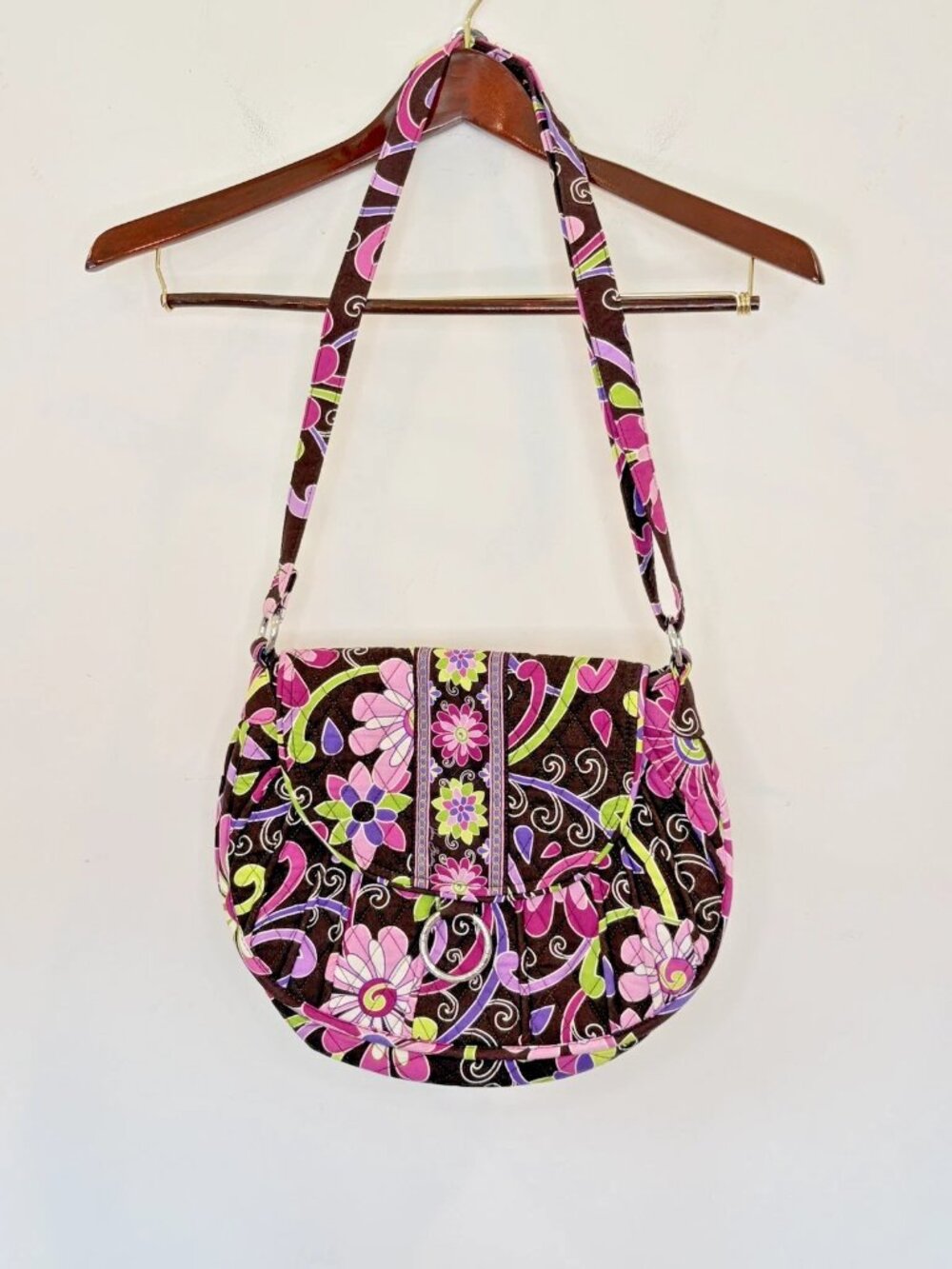Vera Bradley Large Saddle Up Crossbody Shoulder Bag Purse-Brown Purple Punch